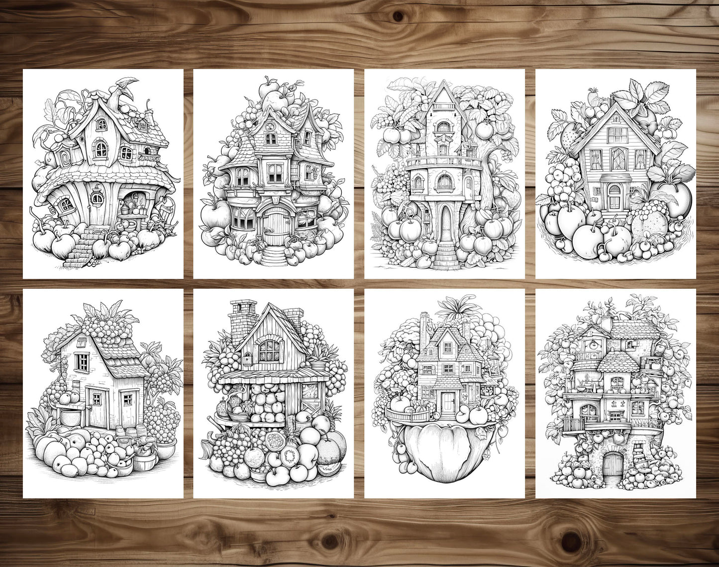 50 Fantasy Fruit House Coloring Pages - Instant Download - Printable PDF