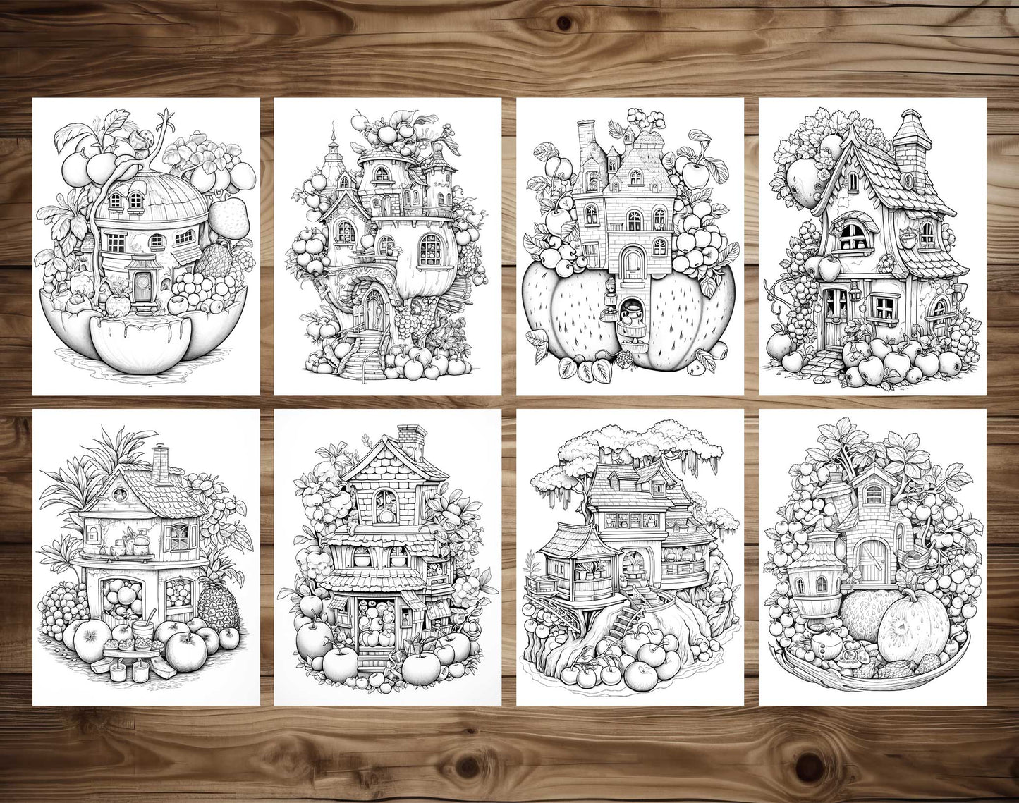 50 Fantasy Fruit House Coloring Pages - Instant Download - Printable PDF