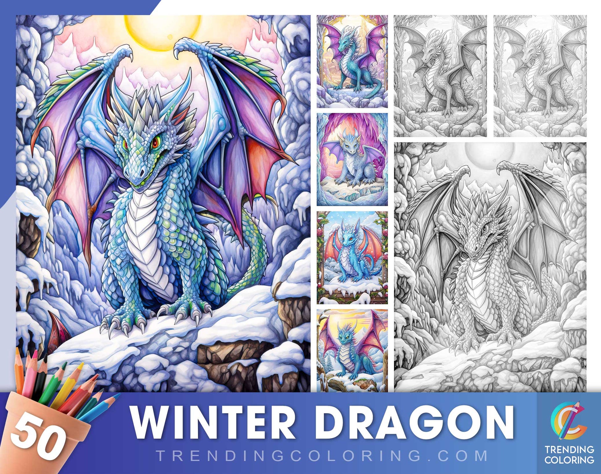 50 Winter Dragon Grayscale Coloring Pages - Instant Download - Printable Dark/Light PDF