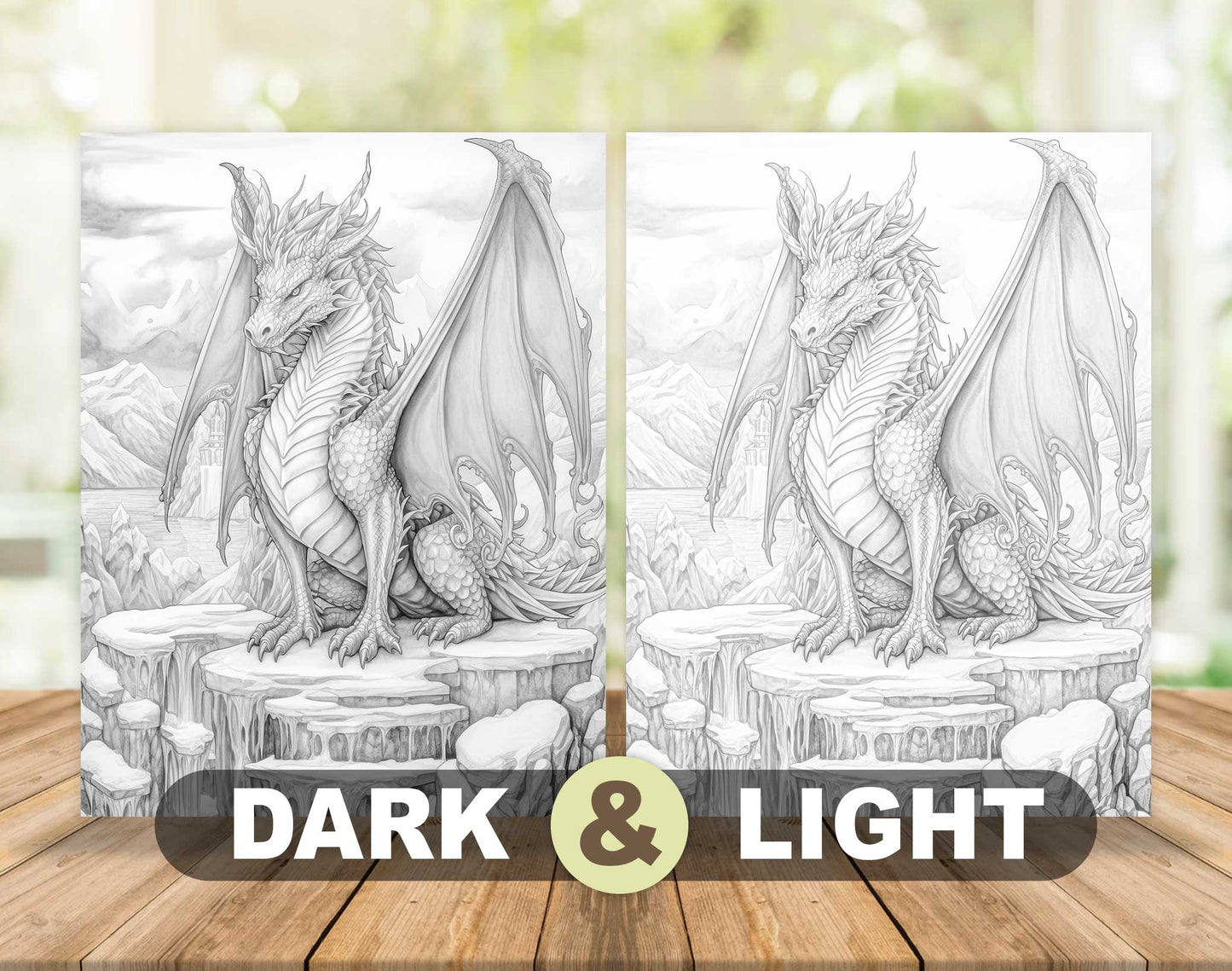 50 Winter Dragon Grayscale Coloring Pages - Instant Download - Printable PDF Dark/Light