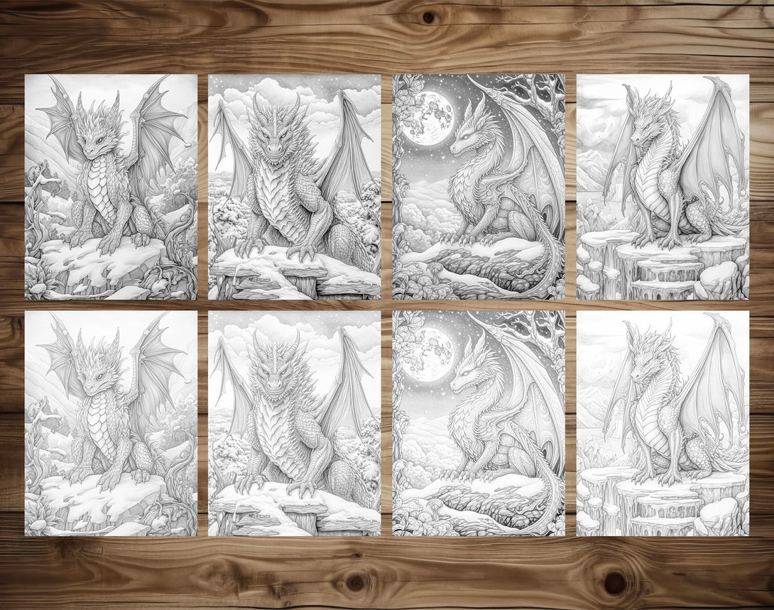 50 Winter Dragon Grayscale Coloring Pages - Instant Download - Printab ...