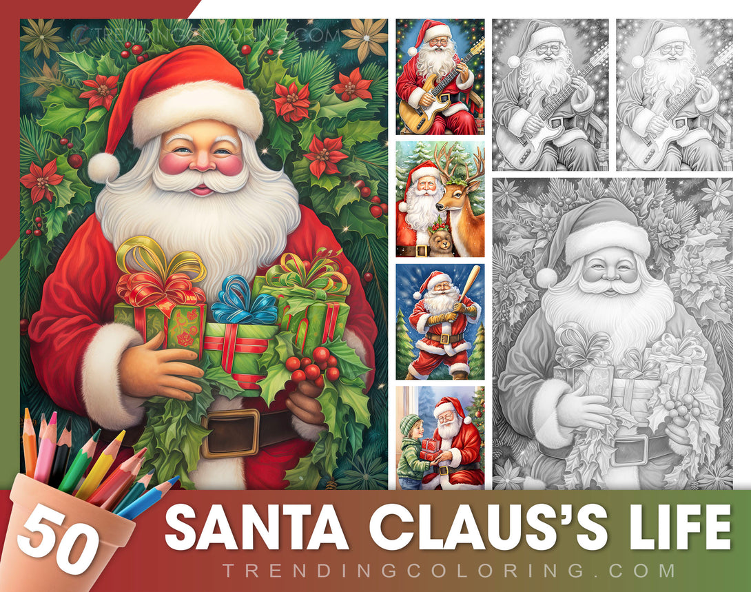 50 Santa Claus's Life Grayscale Coloring Pages - Instant Download - Printable Dark/Light PDF