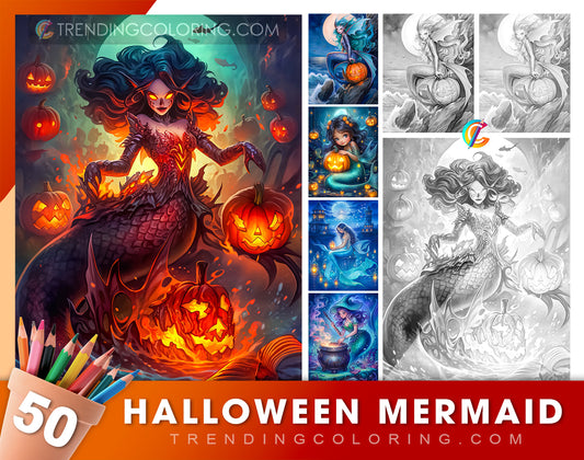 50 Halloween Mermaid Grayscale Coloring Pages - Instant Download - Printable PDF Dark/Light
