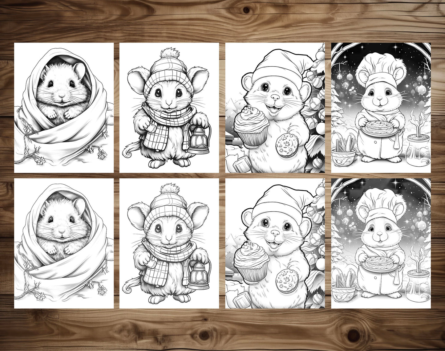 50 Hamster's Winter Grayscale Coloring Pages - Instant Download - Printable Dark/Light