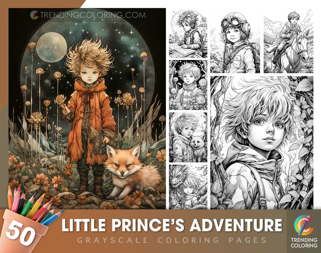 50 Little Prince's Adventure Grayscale Coloring Pages - Instant Download - Printable Dark/Light PDF