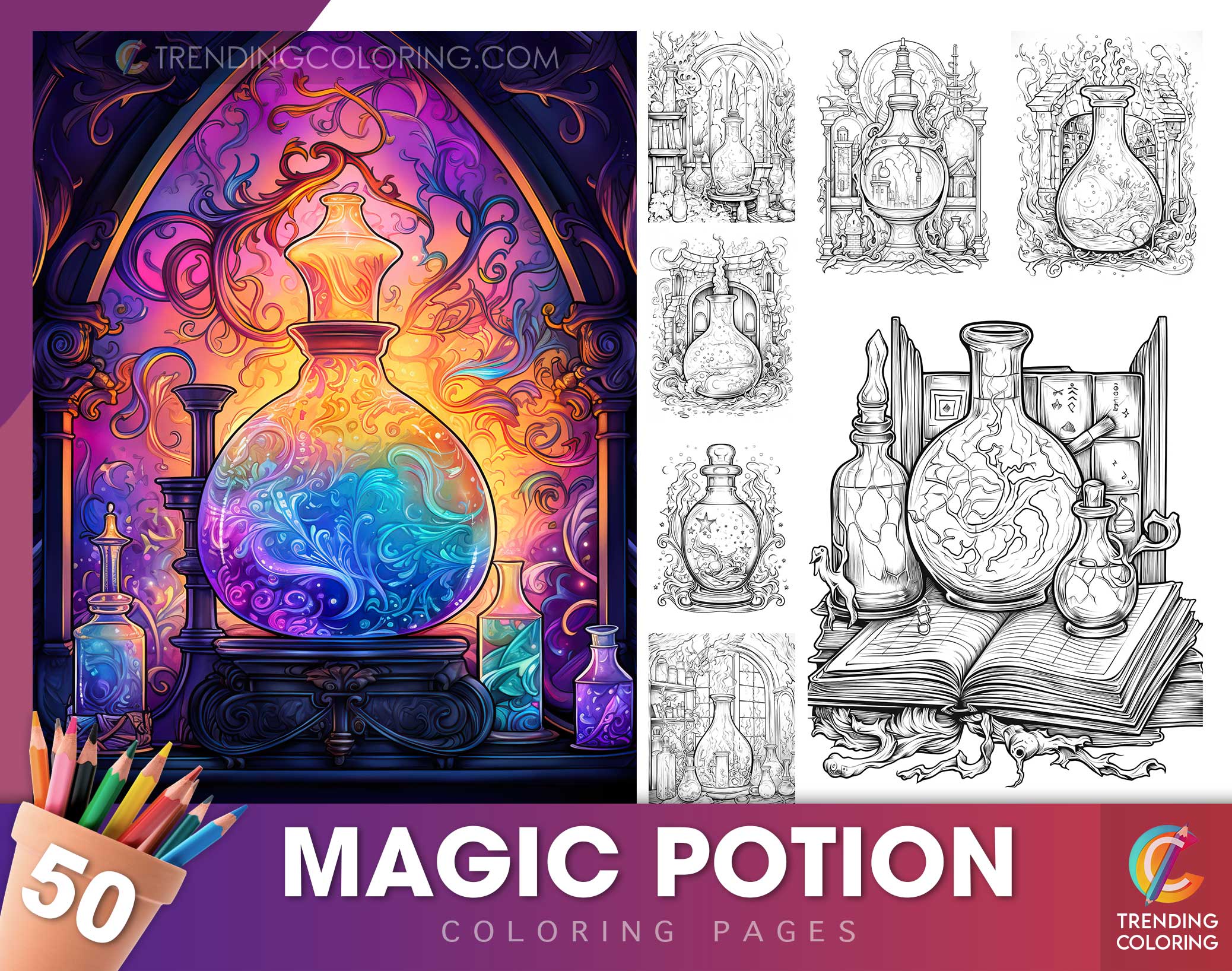 50 Magic Potion Grayscale Coloring Pages - Halloween Coloring - Instan ...