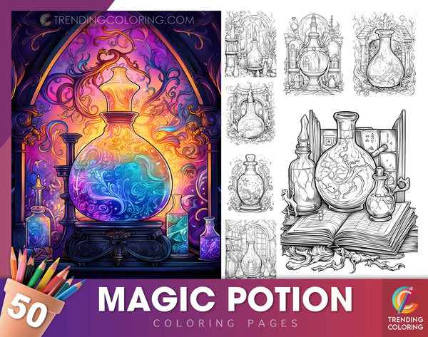 50 Magic Potion Grayscale Coloring Pages - Halloween Coloring - Instant Download - Printable