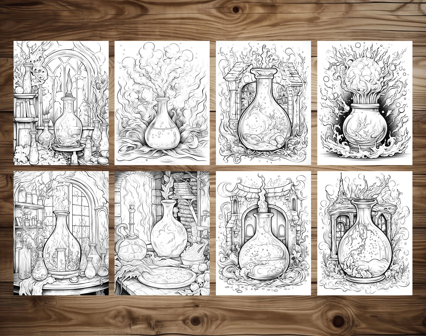 50 Magic Potion Grayscale Coloring Pages - Halloween Coloring - Instant Download - Printable PDF