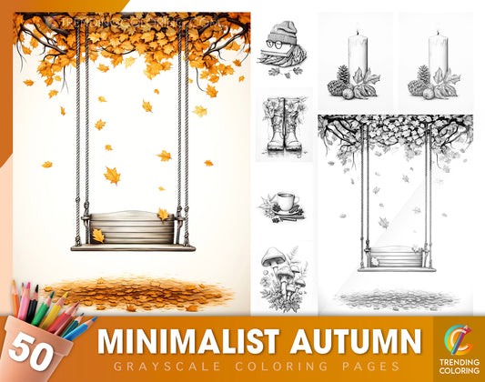 50 Minimalist Autumn Grayscale Coloring Pages - Instant Download - Printable Dark/Light PDF