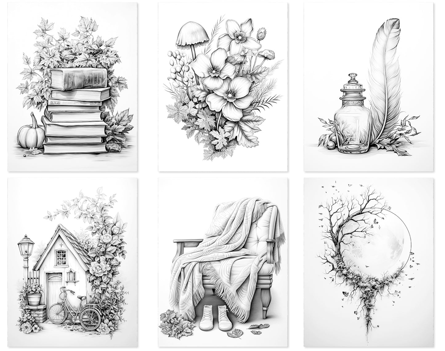 50 Minimalist Autumn Grayscale Coloring Pages - Instant Download - Printable PDF Dark/Light