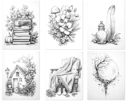 50 Minimalist Autumn Grayscale Coloring Pages - Instant Download - Printable PDF Dark/Light