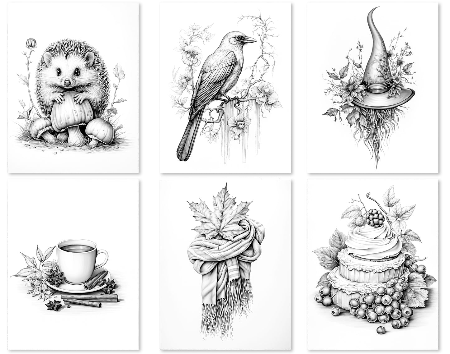 50 Minimalist Autumn Grayscale Coloring Pages - Instant Download - Printable PDF Dark/Light