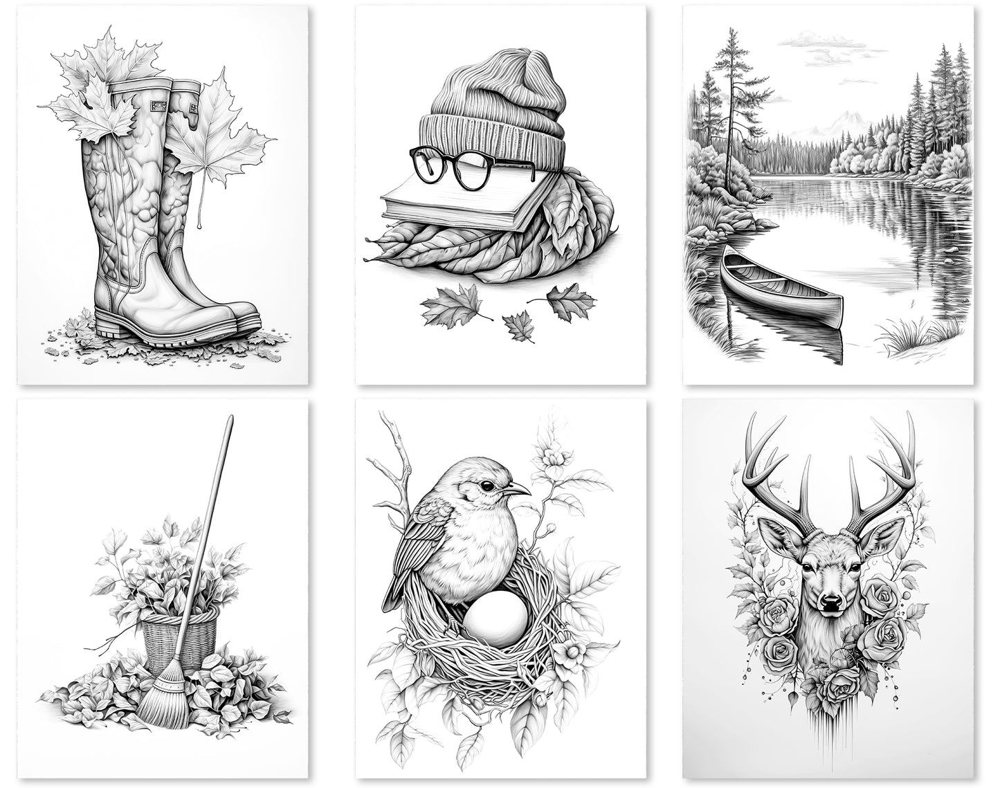 50 Minimalist Autumn Grayscale Coloring Pages - Instant Download - Printable PDF Dark/Light