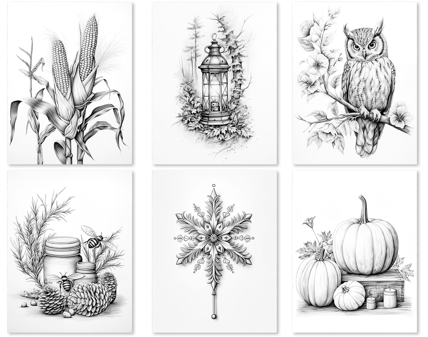 50 Minimalist Autumn Grayscale Coloring Pages - Instant Download - Printable PDF Dark/Light