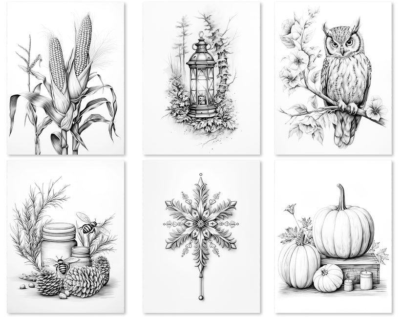50 Minimalist Autumn Grayscale Coloring Pages - Instant Download - Pri ...