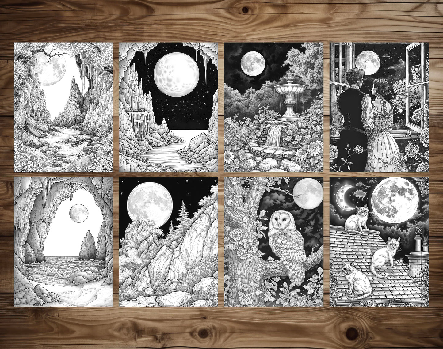50 Moon Night Grayscale Coloring Pages - Instant Download - Printable Dark/Light