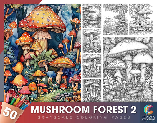 50 Mushroom Forest 2 Grayscale Coloring Pages - Instant Download - Printable PDF Dark/Light