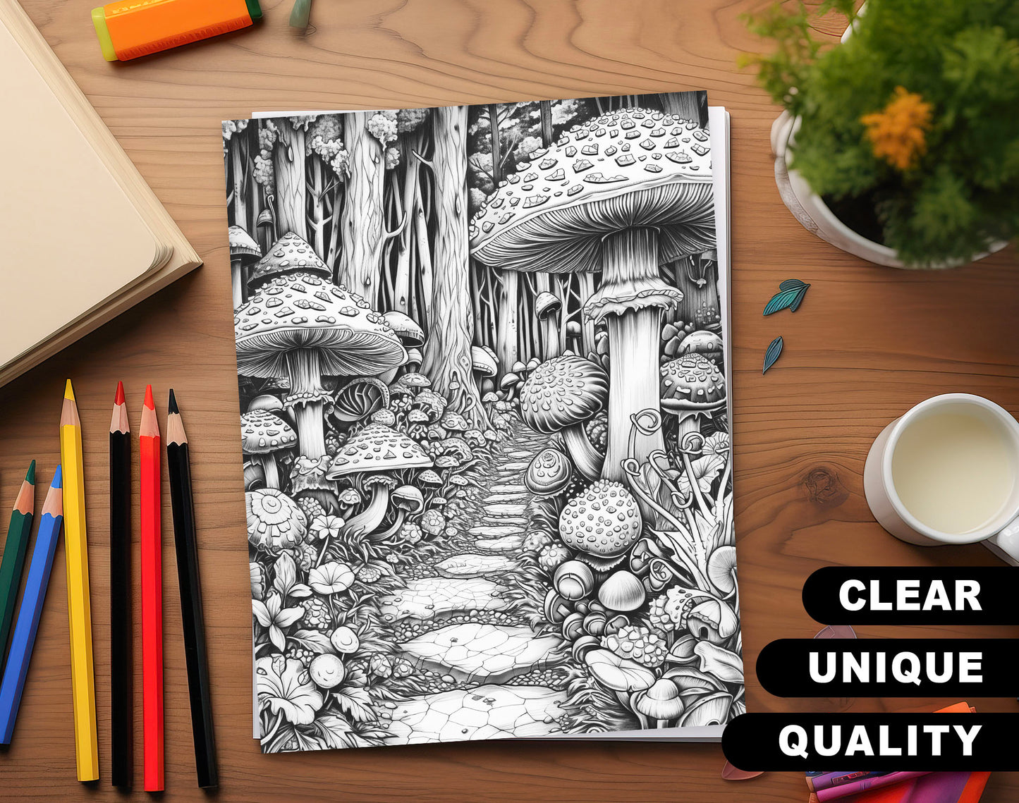 50 Mushroom Forest 2 Grayscale Coloring Pages - Instant Download - Printable PDF Dark/Light