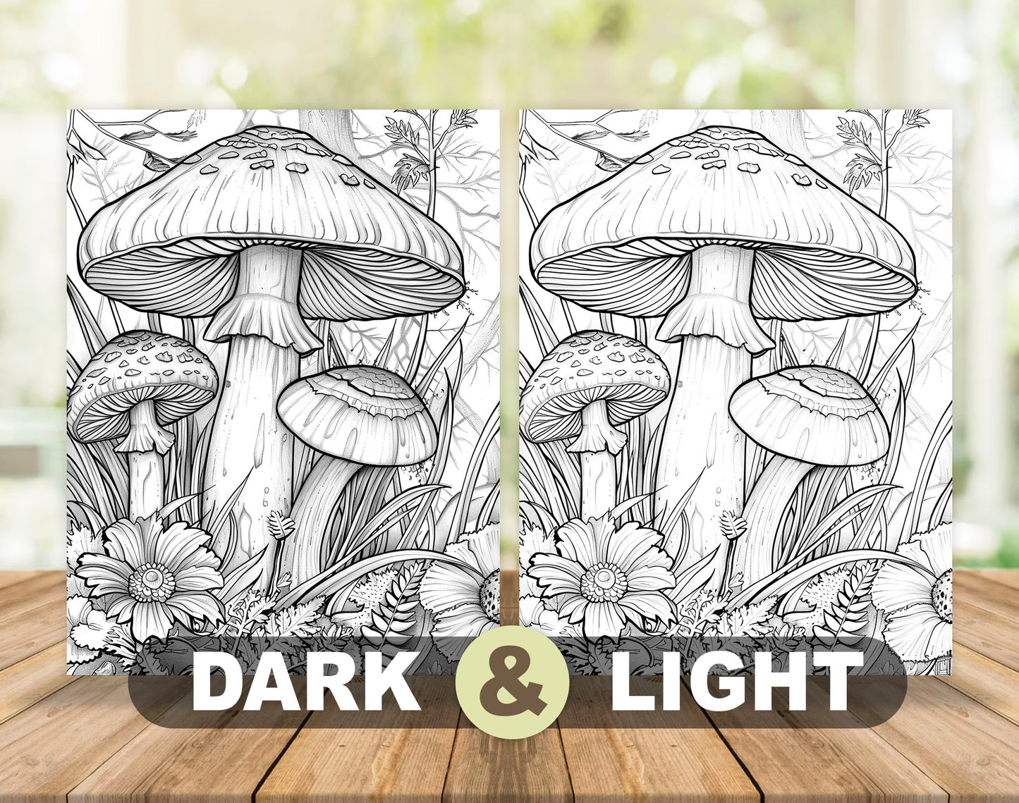 50 Mushroom Forest 2 Grayscale Coloring Pages - Instant Download - Printable Dark/Light