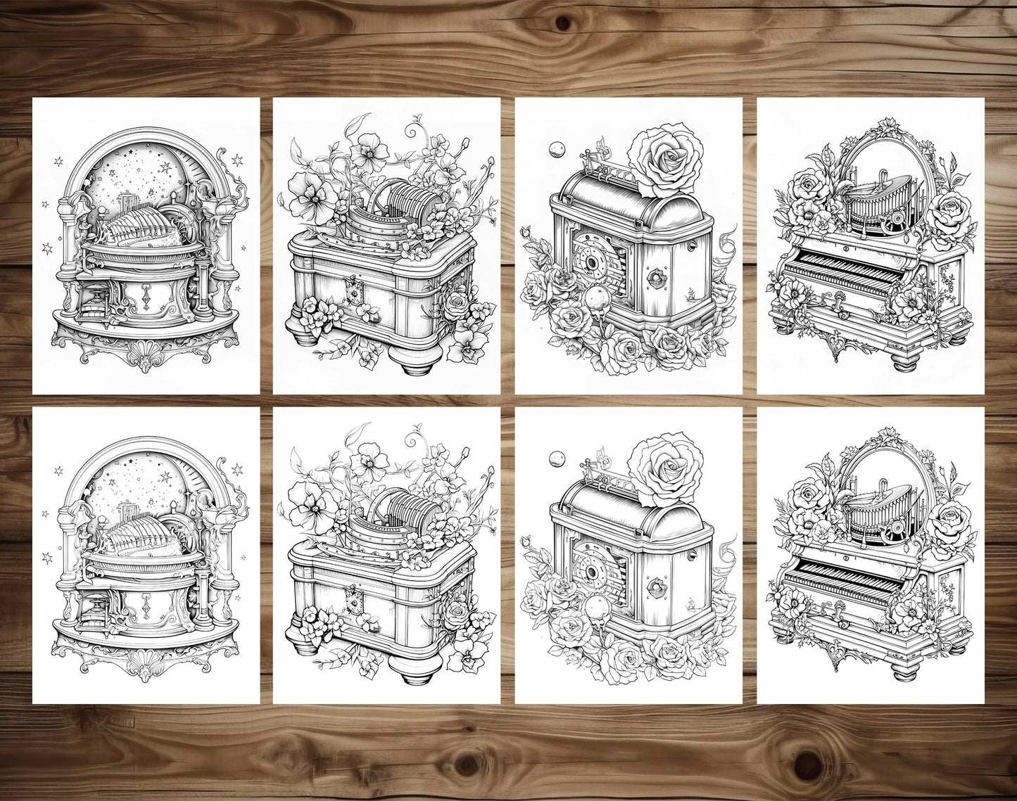 50 Music Box Grayscale Coloring Pages - Instant Download - Printable Dark/Light