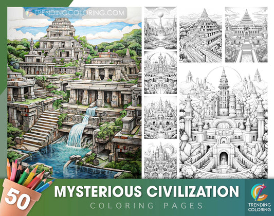 50 Mysterious Civilization Grayscale Coloring Pages - Instant Download - Printable Dark/Light PDF