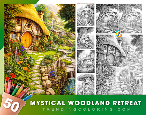 50 Mystical Woodland Retreat Grayscale Coloring Pages- Instant Download - Printable Dark/Light