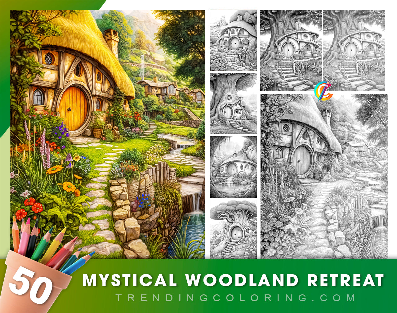 50 Mystical Woodland Retreat Grayscale Coloring Pages- Instant Download - Printable PDF Dark/Light