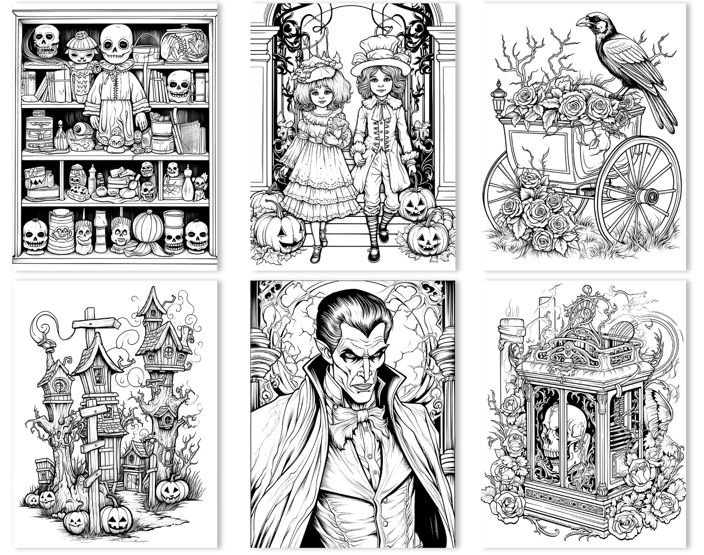 50 Old Fashioned Halloween Coloring Pages - Instant Download - Printable PDF