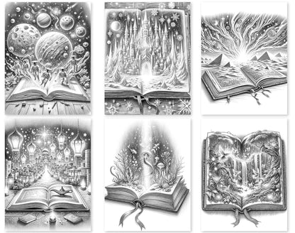 50 Open Magic Book 2 Grayscale Coloring Pages - Instant Download - Printable PDF Dark/Light