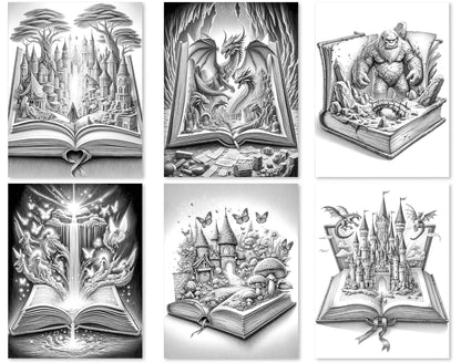 50 Open Magic Book 2 Grayscale Coloring Pages - Instant Download - Printable PDF Dark/Light