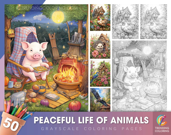 50 Peaceful Life Of Animal Grayscale Coloring Pages - Instant Download - Printable Dark/Light