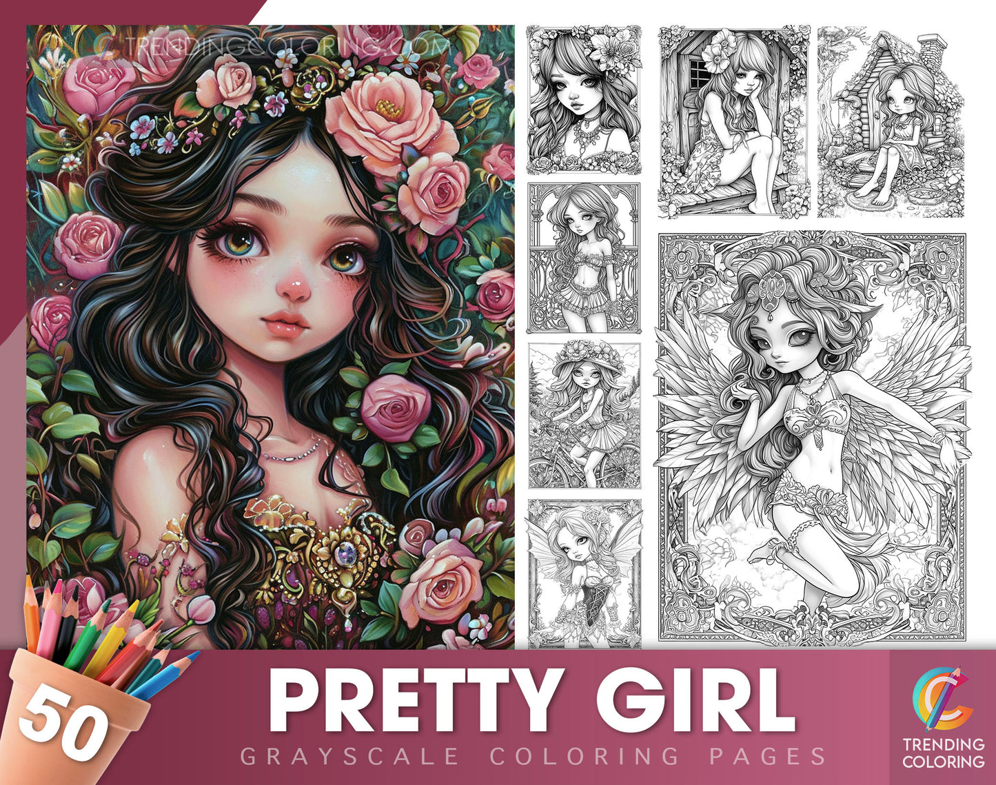 50 Pretty Girl Grayscale Coloring Pages - Instant Download - Printable Dark/Light