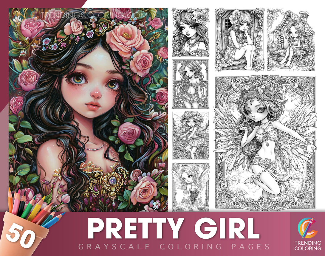 50 Pretty Girl Grayscale Coloring Pages - Instant Download - Printable ...