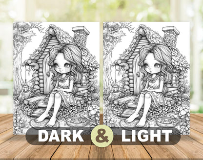 50 Pretty Girl Grayscale Coloring Pages - Instant Download - Printable PDF Dark/Light