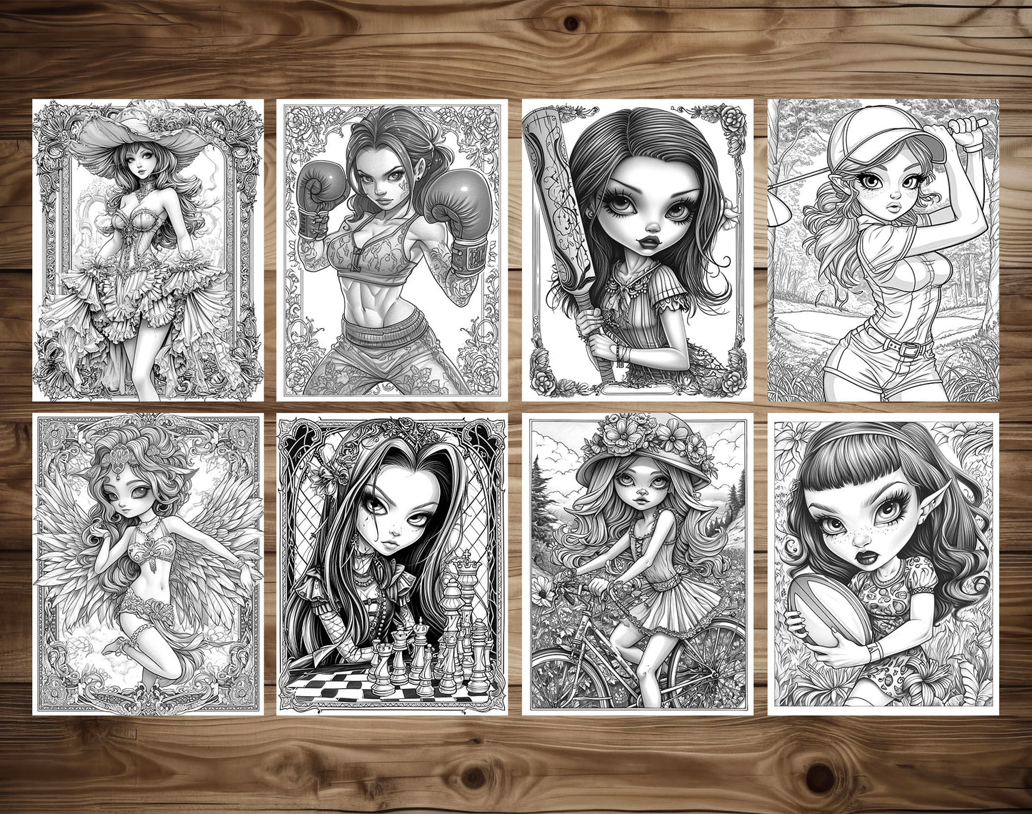 50 Pretty Girl Grayscale Coloring Pages - Instant Download - Printable Dark/Light