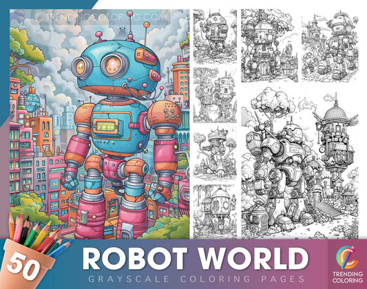 50 Robot World Grayscale Coloring Pages - Instant Download - Printable PDF Dark/Light