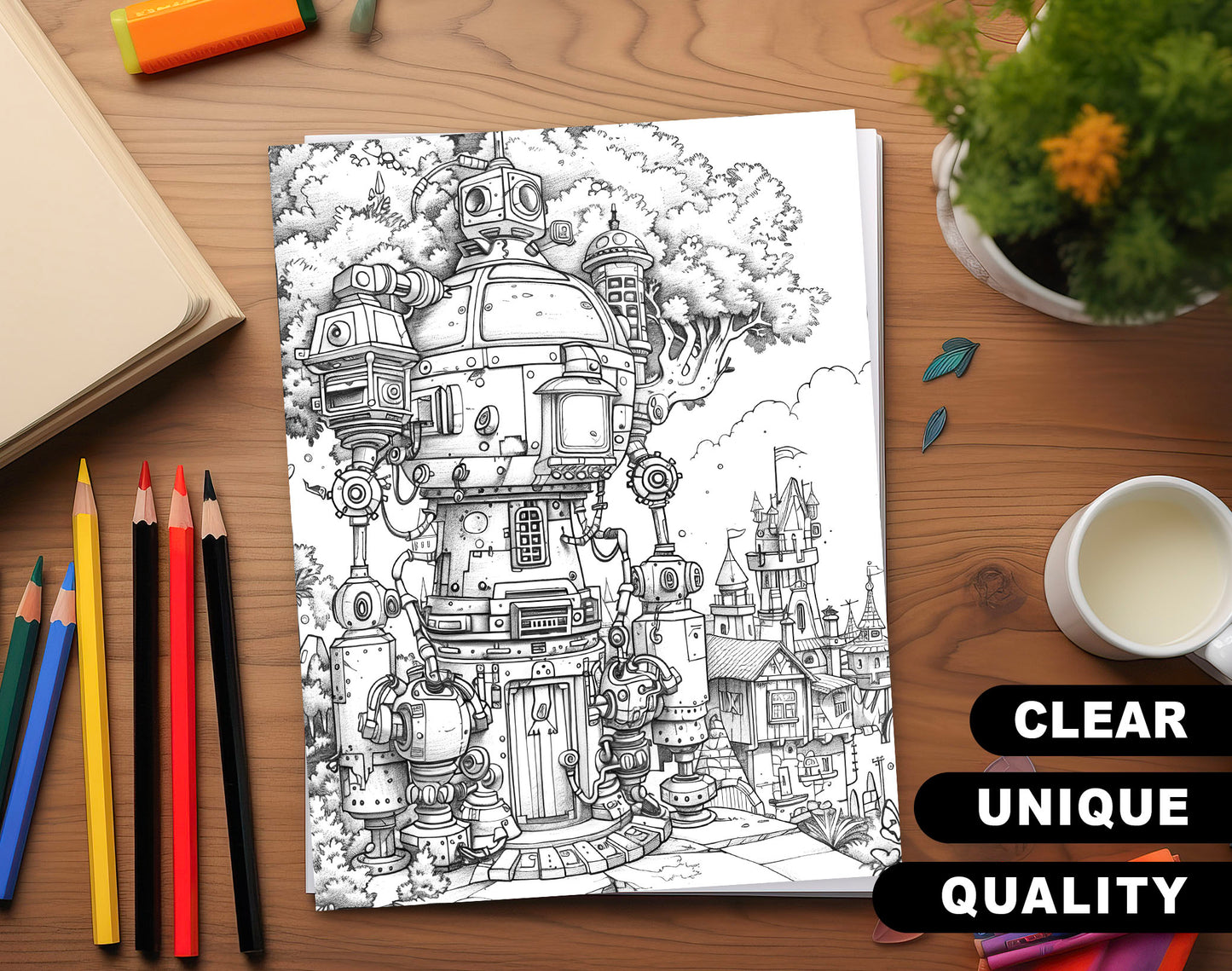 50 Robot World Grayscale Coloring Pages - Instant Download - Printable Dark/Light