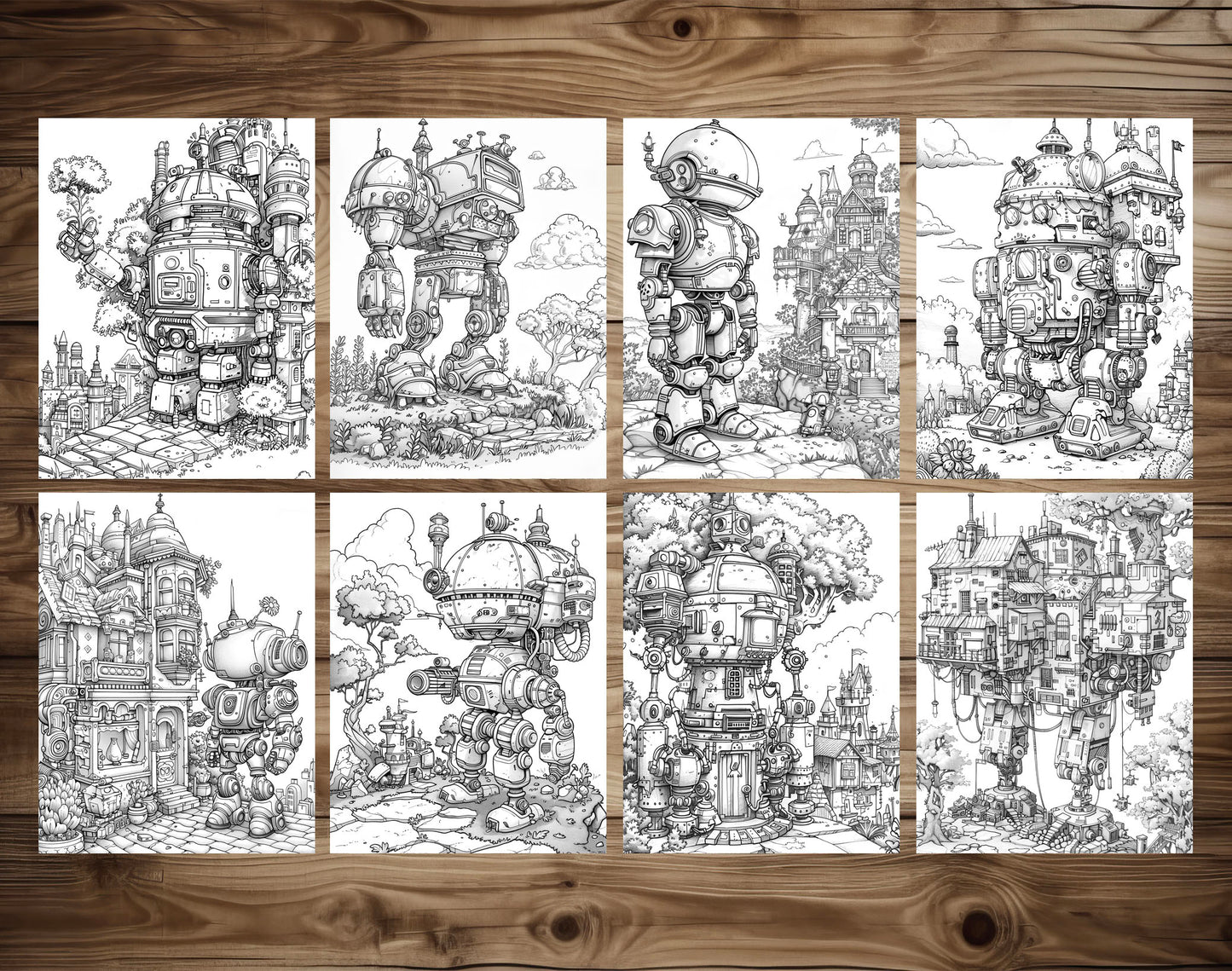 50 Robot World Grayscale Coloring Pages - Instant Download - Printable Dark/Light