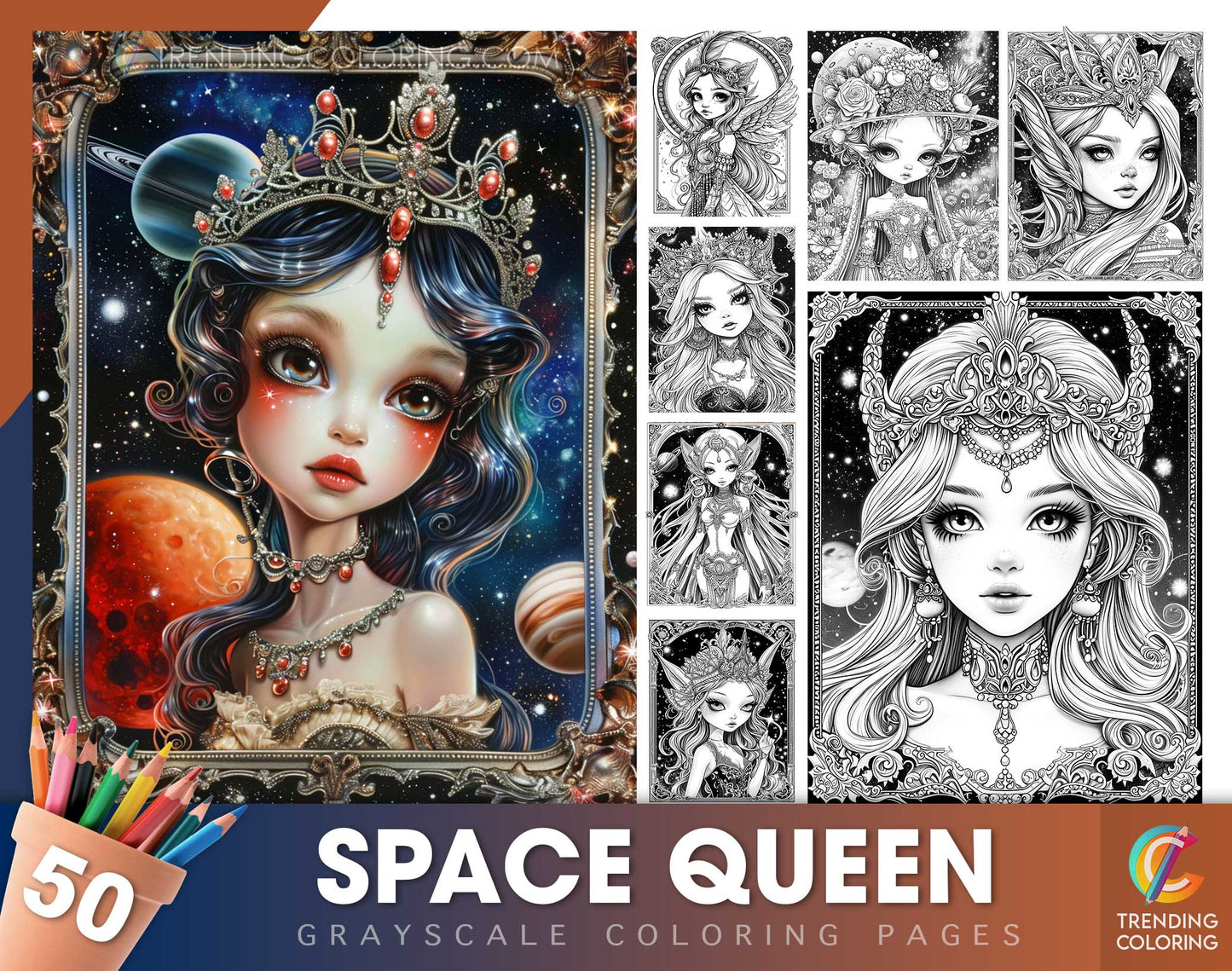 50 Space Queen Grayscale Coloring Pages - Instant Download - Printable Dark/Light