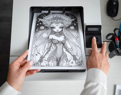 50 Space Queen Grayscale Coloring Pages - Instant Download - Printable PDF Dark/Light
