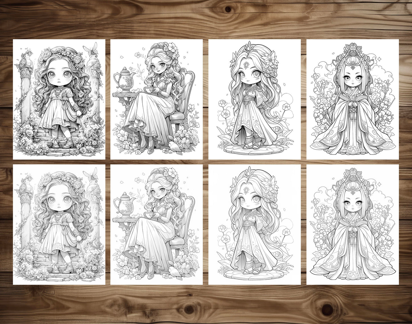 50 Spring Princess Grayscale Coloring Pages - Instant Download - Printable PDF Dark/Light