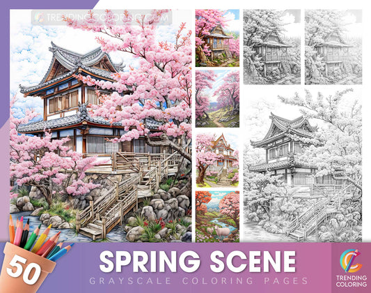 50 Spring Scene Grayscale Coloring Pages - Instant Download - Printable Dark/Light