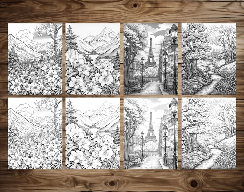 50 Spring Scene Grayscale Coloring Pages - Instant Download - Printabl ...