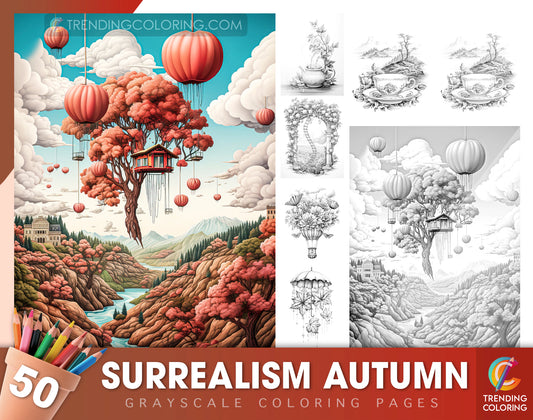 50 Surrealism Autumn Grayscale Coloring Pages - Instant Download - Printable Dark/Light PDF
