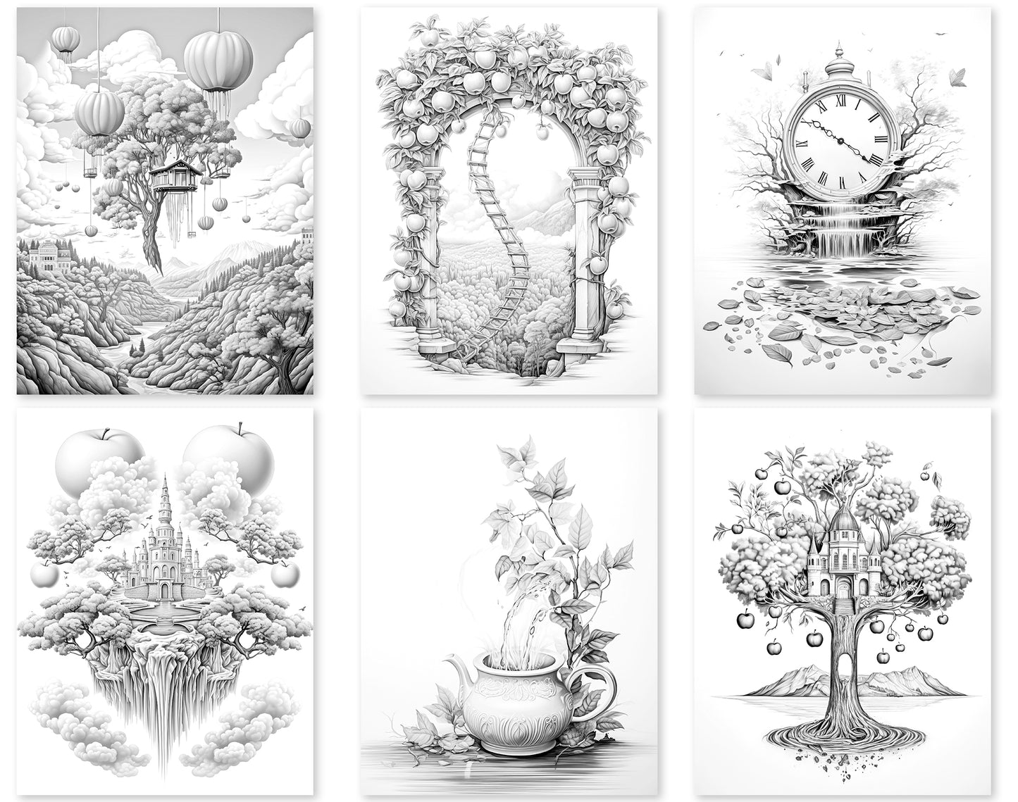50 Surrealism Autumn Grayscale Coloring Pages - Instant Download - Printable PDF Dark/Light