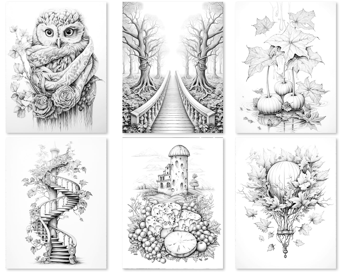50 Surrealism Autumn Grayscale Coloring Pages - Instant Download - Printable PDF Dark/Light
