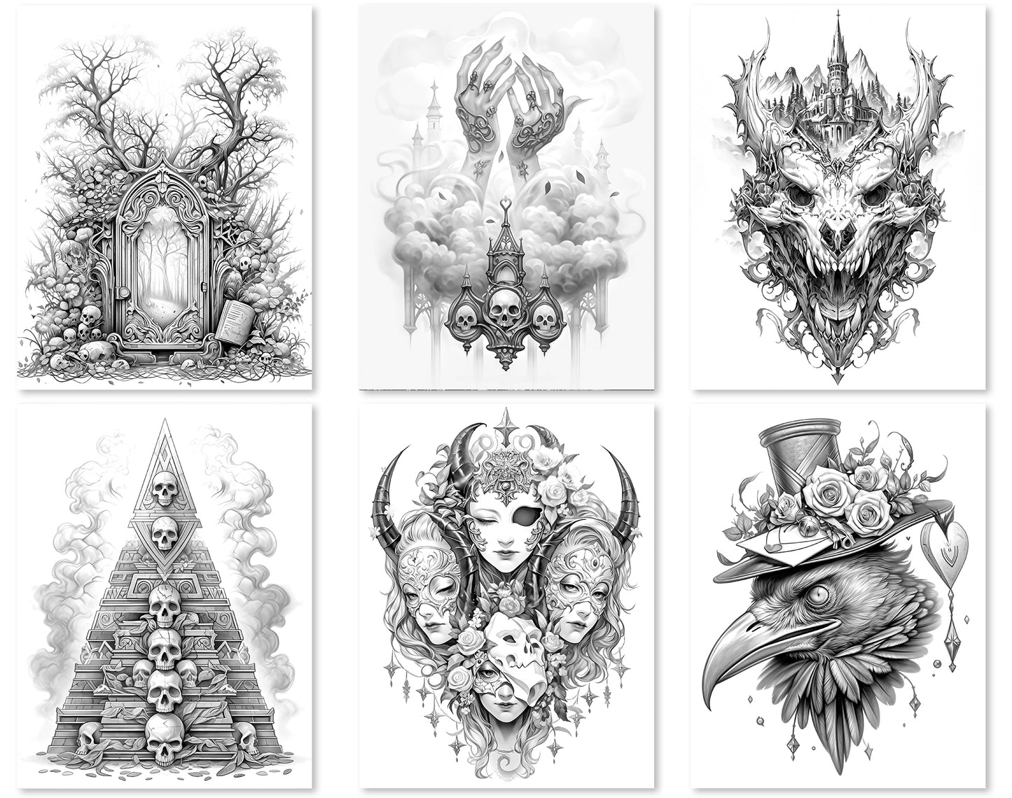 50 Surreal Halloween Grayscale Coloring Pages - Instant Download - Printable PDF Dark/Light