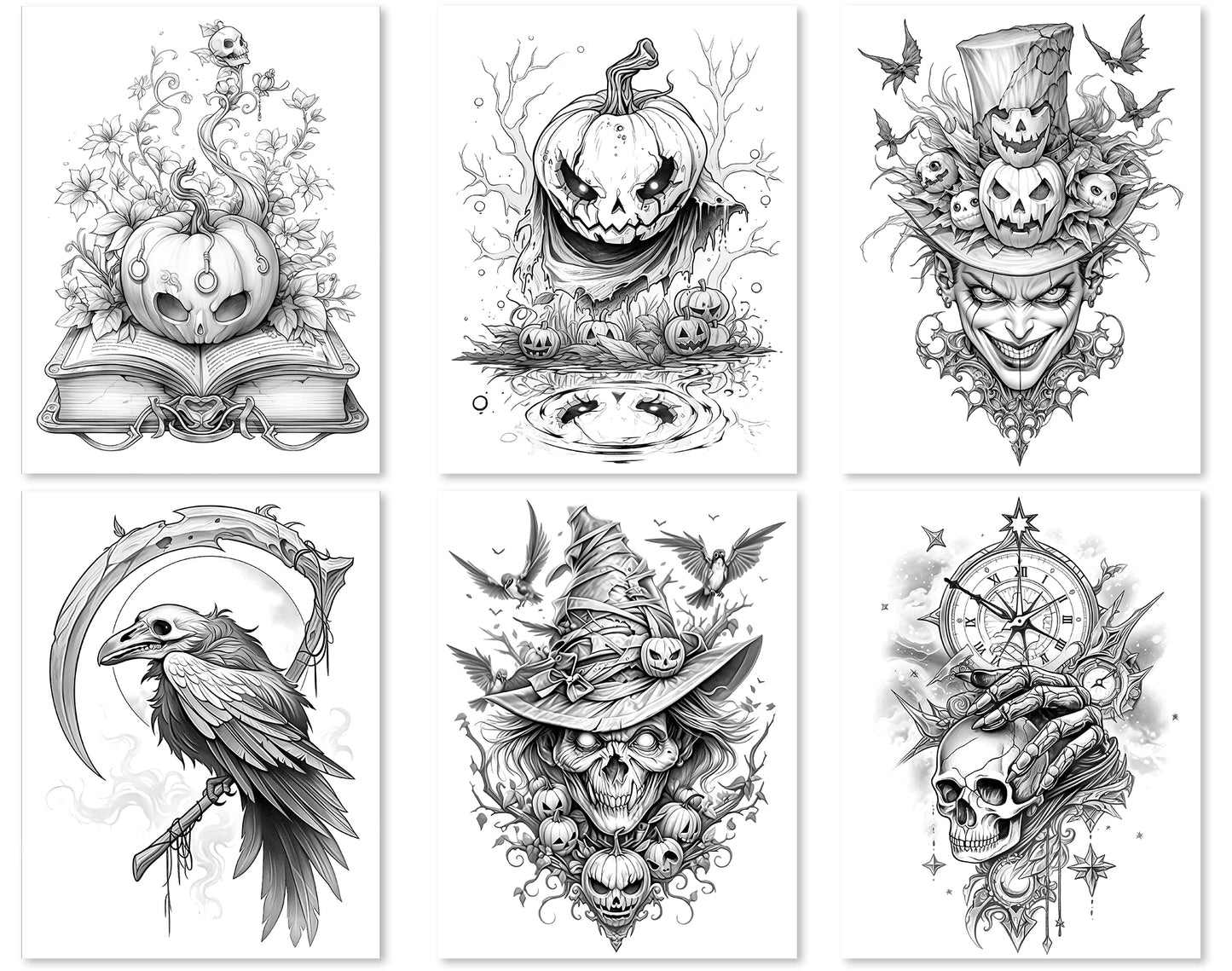 50 Surreal Halloween Grayscale Coloring Pages - Instant Download - Printable PDF Dark/Light