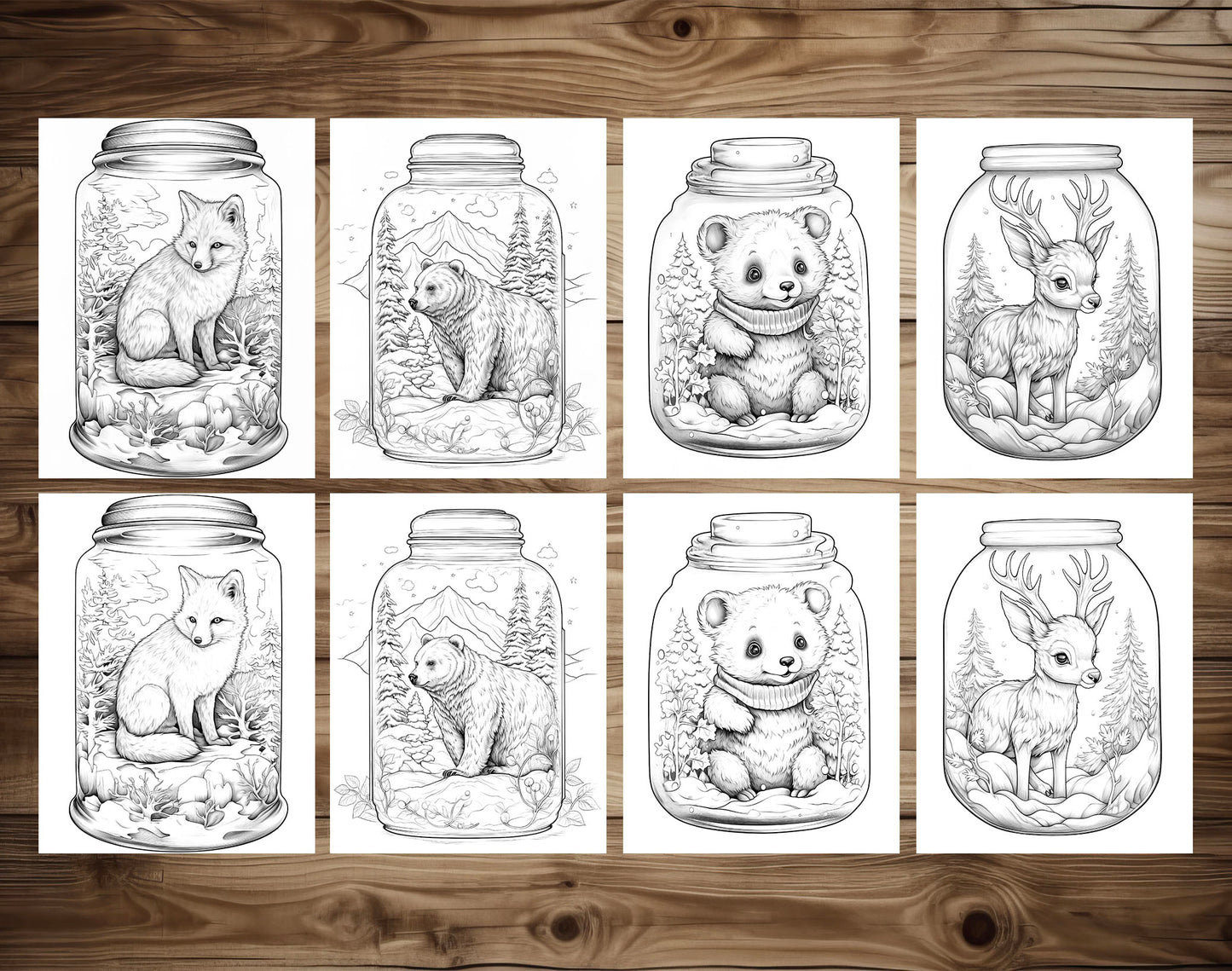 50 Winter Animal In Jar Grayscale Coloring Pages - Instant Download - Printable Dark/Light