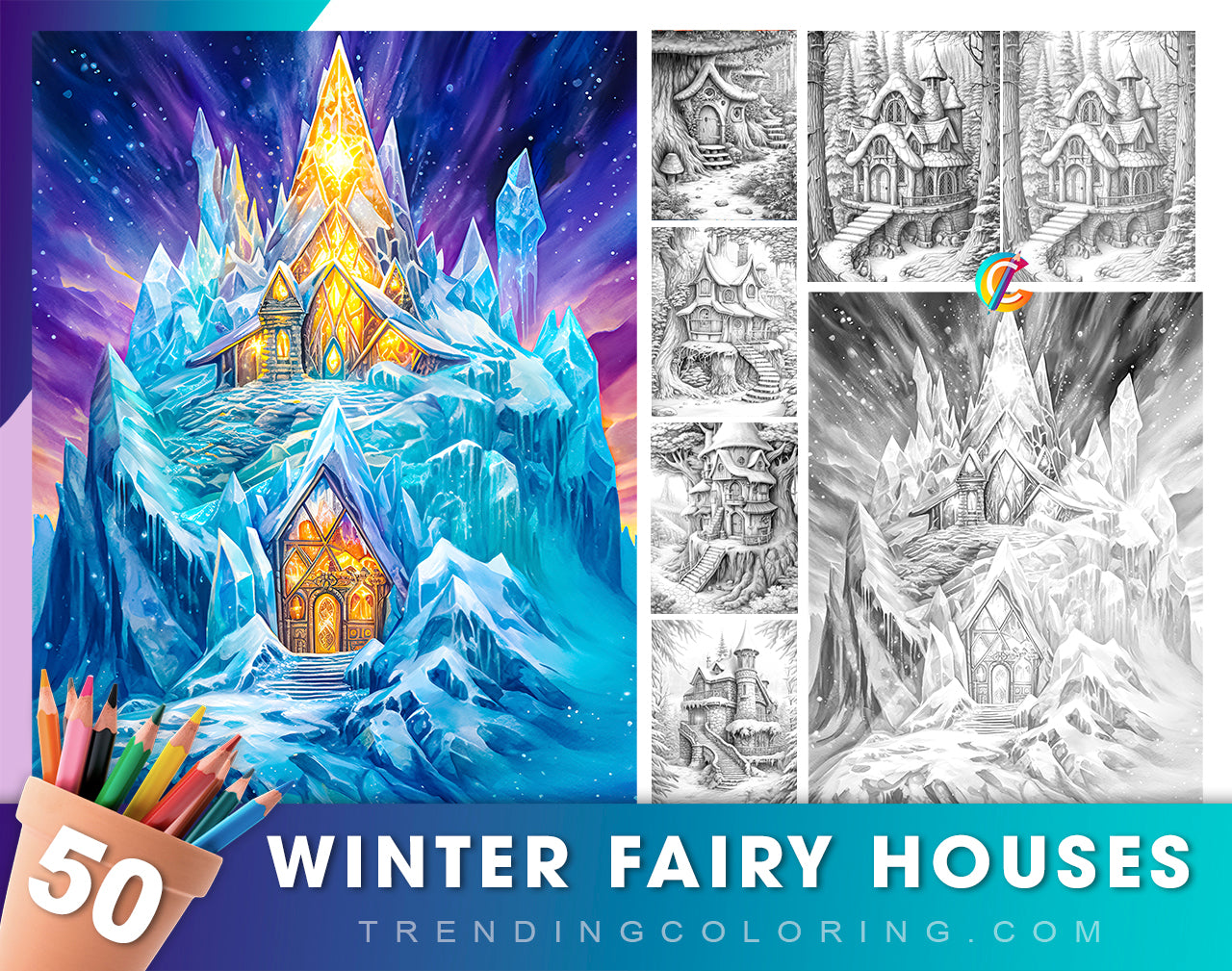 50 Winter Fairy Houses Grayscale Coloring Pages - Instant Download - Printable PDF Dark/Light